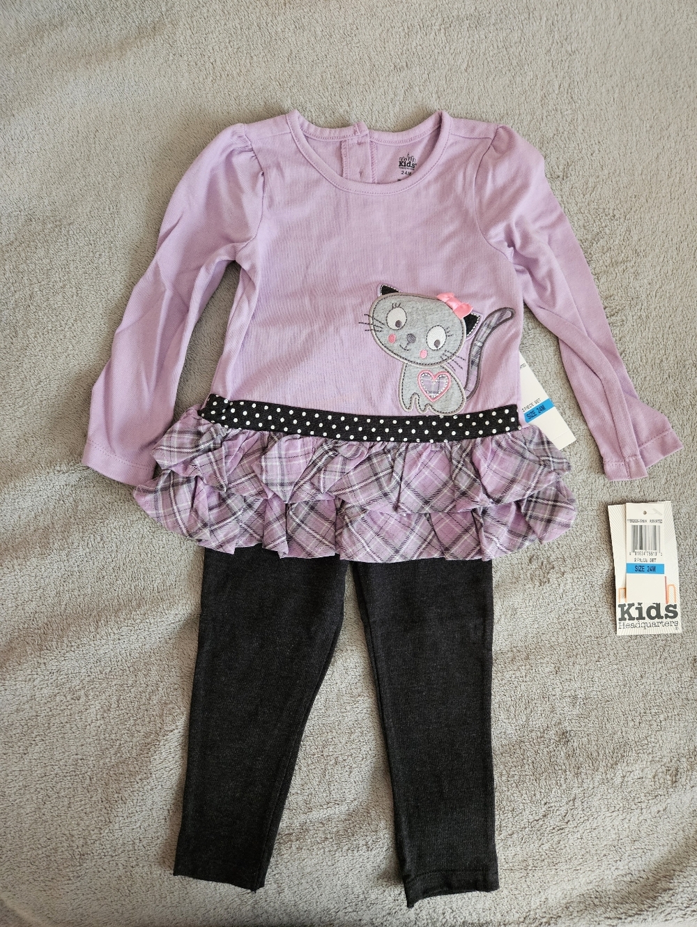 Kids Headquarters Purple Plaid Ruffle Tunic & Black Leggings Set 24M